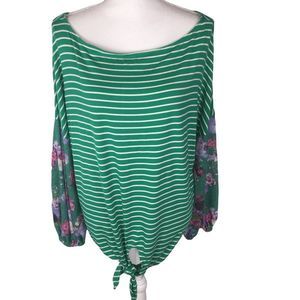 NWOT White Birch Green Striped Floral Balloon Sleeves Top Size XL Tie Front